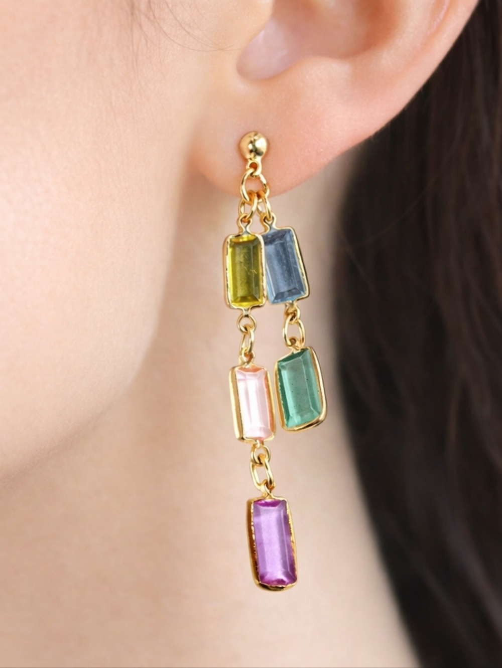 Gold tone Chain Drop Earrings Multicolor Crystal Dangles Stylish Women's Jewelry